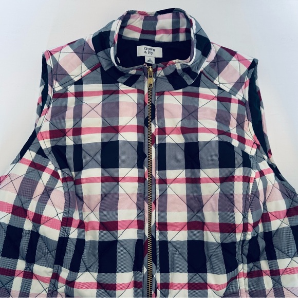 Crown & IVY Woman Pink Black Plaid Puffer Quilted Full Zip Vest Size Small - Picture 7 of 16